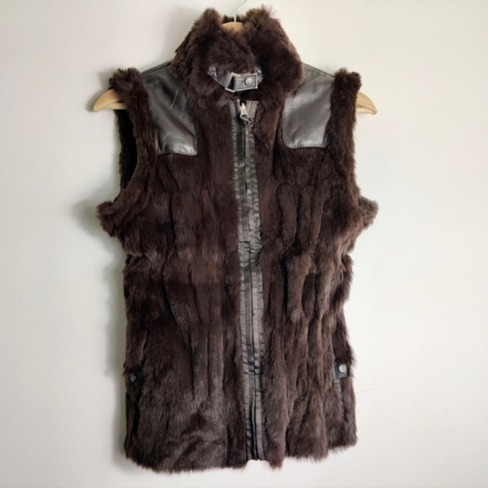 June Rabbit Fur + Leather REVERSIBLE Vest Moto Sweater Size Small